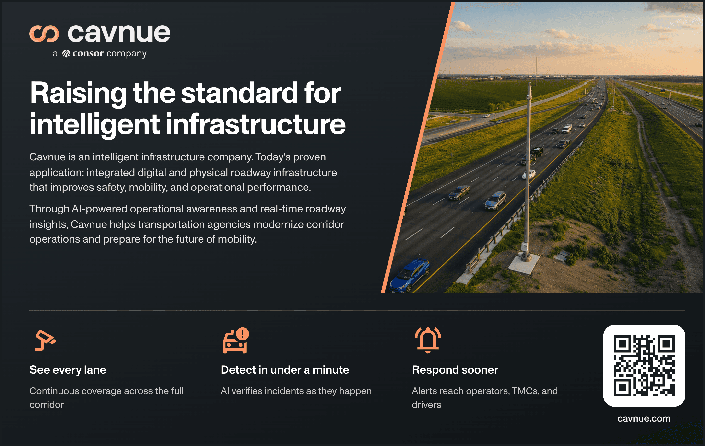 Cavnue, a Consor company — Raising the standard for intelligent infrastructure. Integrated digital and physical roadway infrastructure. See every lane, detect in under a minute, respond sooner.