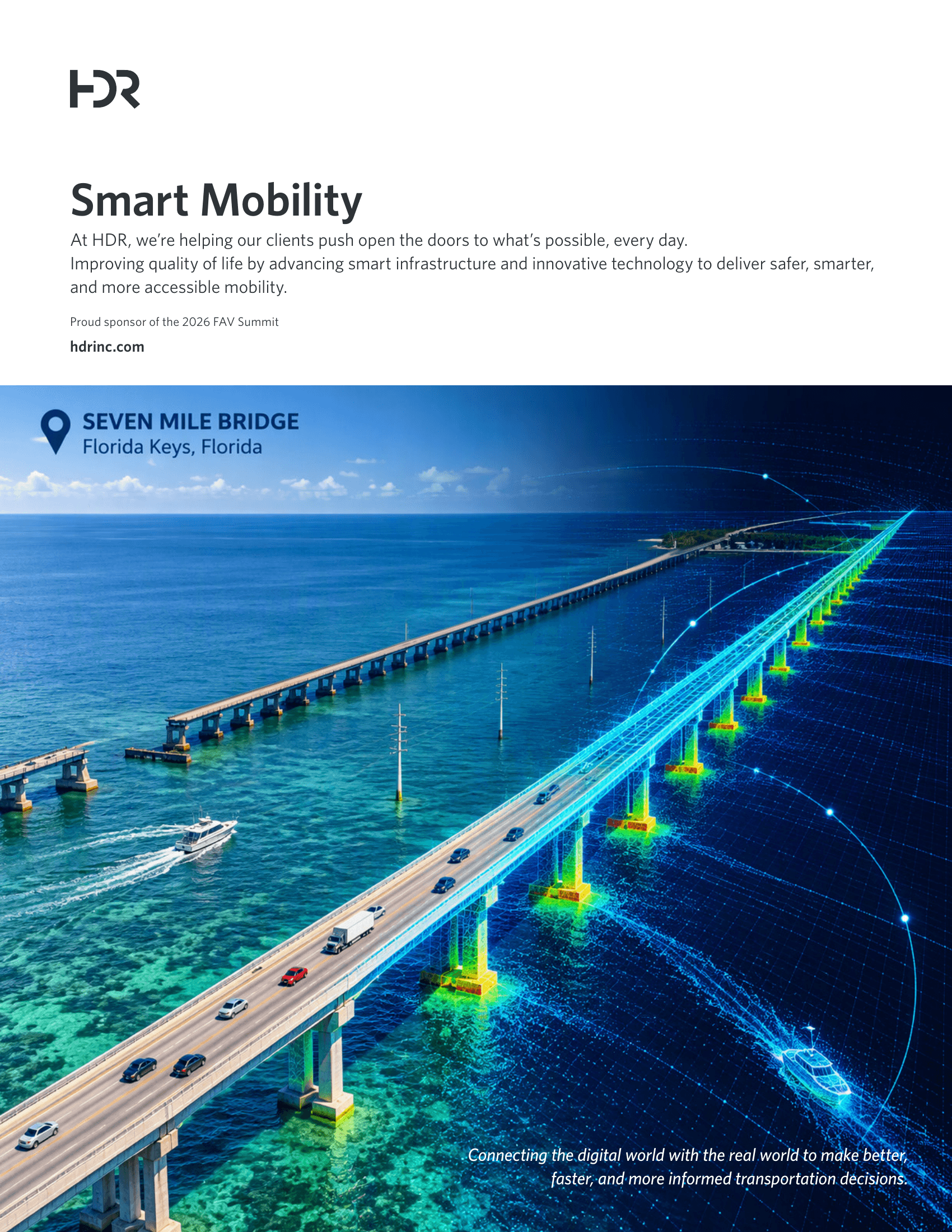 HDR Smart Mobility advertisement featuring the Seven Mile Bridge in the Florida Keys transitioning into a digital infrastructure model, with the message Proud sponsor of the 2026 FAV Summit.